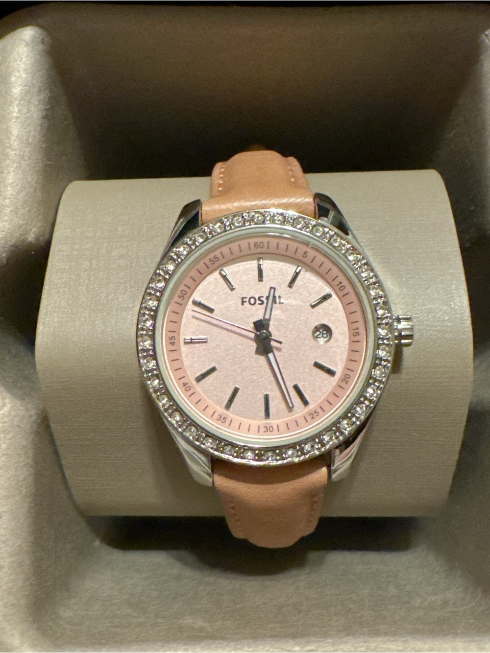 Fossil Women's Pink Dial Crystal Bezel Leather Strap Watch ES3024